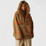 Women's Fluffy Jacket with Floral Print and Half Zip Funnel Neck in Teddy Fleece Look for Winter Layering