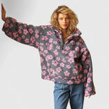 Women's Fluffy Jacket with Floral Print and Half Zip Funnel Neck in Teddy Fleece Look for Winter Layering
