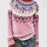 Women's Fair Isle Knit Sweater with Nordic Patterned Yoke and Crew Neck for Winter Outfits