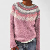 Women's Fair Isle Knit Sweater with Nordic Patterned Yoke and Crew Neck for Winter Outfits