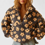 Women's Fluffy Jacket with Floral Print and Half Zip Funnel Neck in Teddy Fleece Look for Winter Layering