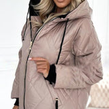 Diamond Quilted Hooded Jacket with Drawstring and Zip Front