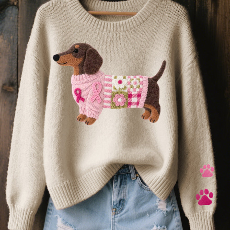 Knit Dog Patch Sweater with Crew Neck
