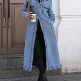 Long Denim Jacket with Button Front and Flap Pockets