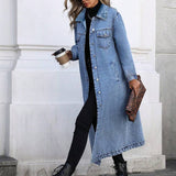 Long Denim Jacket with Button Front and Flap Pockets