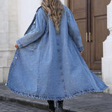 Long Denim Jacket with Button Front and Flap Pockets