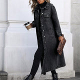 Long Denim Jacket with Button Front and Flap Pockets