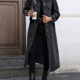 Long Denim Jacket with Button Front and Flap Pockets