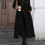 Long Denim Jacket with Button Front and Flap Pockets