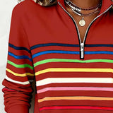 Women's Half Zip Sweater with Horizontal Stripes and Stand Collar