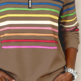 Women's Half Zip Sweater with Horizontal Stripes and Stand Collar
