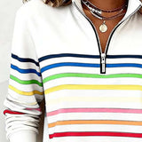 Women's Half Zip Sweater with Horizontal Stripes and Stand Collar