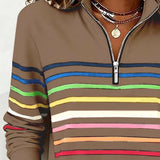 Women's Half Zip Sweater with Horizontal Stripes and Stand Collar