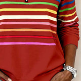 Women's Half Zip Sweater with Horizontal Stripes and Stand Collar