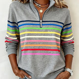 Women's Half Zip Sweater with Horizontal Stripes and Stand Collar