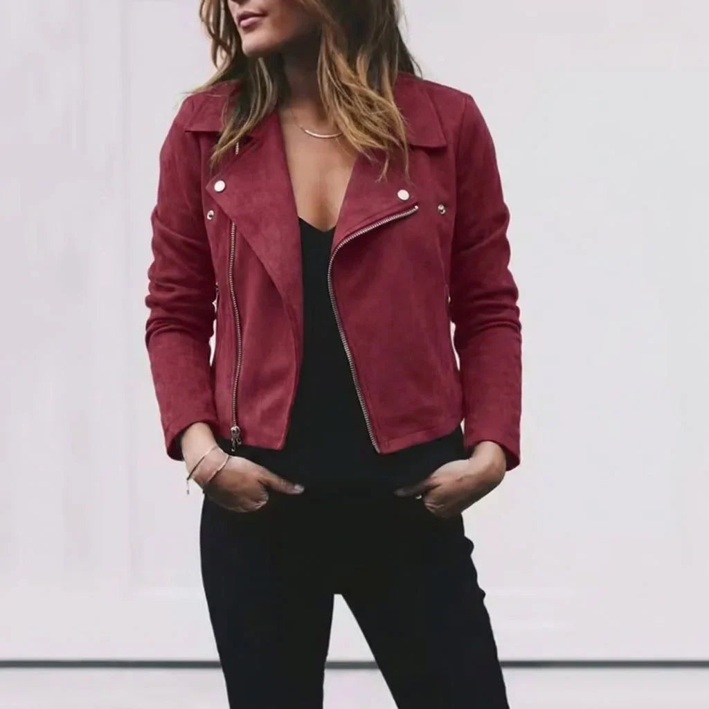 Women's Biker Jacket with Asymmetric Zipper and Suede-Look Finish