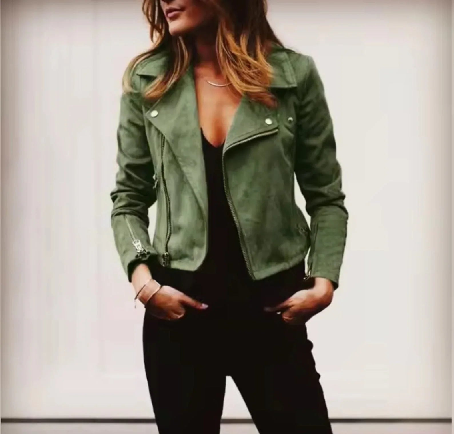 Women's Biker Jacket with Asymmetric Zipper and Suede-Look Finish