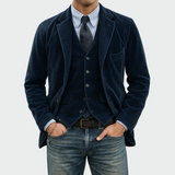 Corduroy Blazer and Button Front Vest Set with Lapel Collar