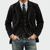 Corduroy Blazer and Button Front Vest Set with Lapel Collar