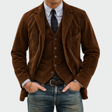 Corduroy Blazer and Button Front Vest Set with Lapel Collar