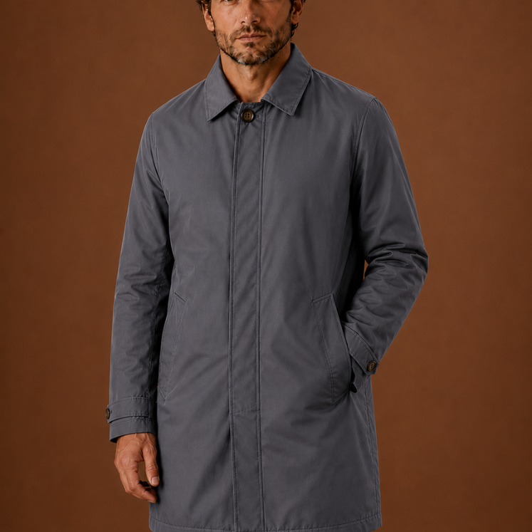 Long Button-Front Coat with Point Collar and Side Pockets