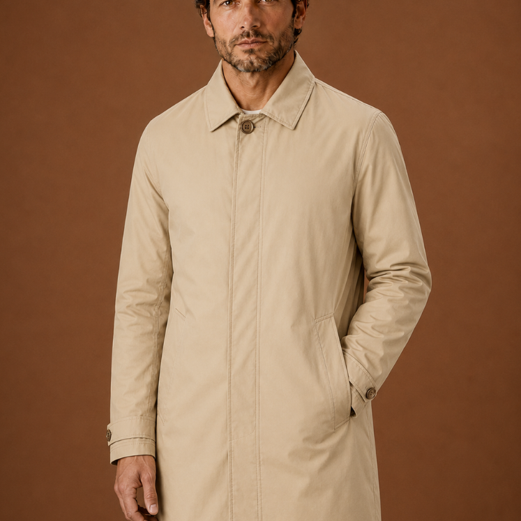 Long Button-Front Coat with Point Collar and Side Pockets
