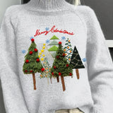 Women's Christmas Sweater with Embroidered Christmas Trees and Ribbed Turtleneck