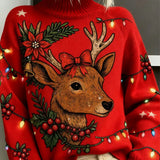 Women's Christmas Sweater with Reindeer Print and Turtleneck