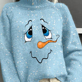 Christmas Sweater for Women with Snowman Face Print and Ribbed Turtleneck