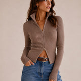 Women's Ribbed Knit Cardigan with Two-Way Zipper and Long Sleeves