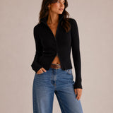 Women's Ribbed Knit Cardigan with Two-Way Zipper and Long Sleeves