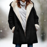 Women's Long Winter Coat with Hood Faux Fur-Look Lining and Turnback Cuffs