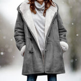 Women's Long Winter Coat with Hood Faux Fur-Look Lining and Turnback Cuffs