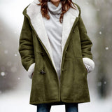 Women's Long Winter Coat with Hood Faux Fur-Look Lining and Turnback Cuffs