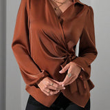 Satin Wrap Blouse with Tie Waist and V-Neck