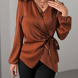 Satin Wrap Blouse with Tie Waist and V-Neck