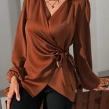 Satin Wrap Blouse with Tie Waist and V-Neck