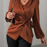 Satin Wrap Blouse with Tie Waist and V-Neck