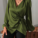 Satin Wrap Blouse with Tie Waist and V-Neck