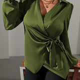 Satin Wrap Blouse with Tie Waist and V-Neck