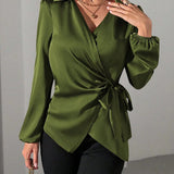 Satin Wrap Blouse with Tie Waist and V-Neck
