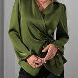 Satin Wrap Blouse with Tie Waist and V-Neck