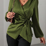 Satin Wrap Blouse with Tie Waist and V-Neck