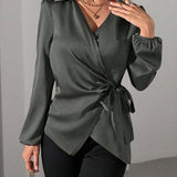 Satin Wrap Blouse with Tie Waist and V-Neck