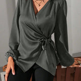 Satin Wrap Blouse with Tie Waist and V-Neck