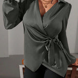 Satin Wrap Blouse with Tie Waist and V-Neck