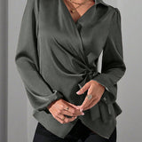 Satin Wrap Blouse with Tie Waist and V-Neck