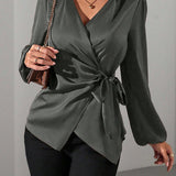 Satin Wrap Blouse with Tie Waist and V-Neck