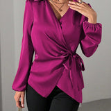 Satin Wrap Blouse with Tie Waist and V-Neck