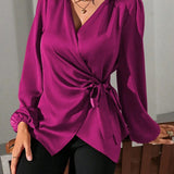 Satin Wrap Blouse with Tie Waist and V-Neck